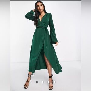 ASOS DESIGN bias cut satin wrap dress with tie waist in forest green